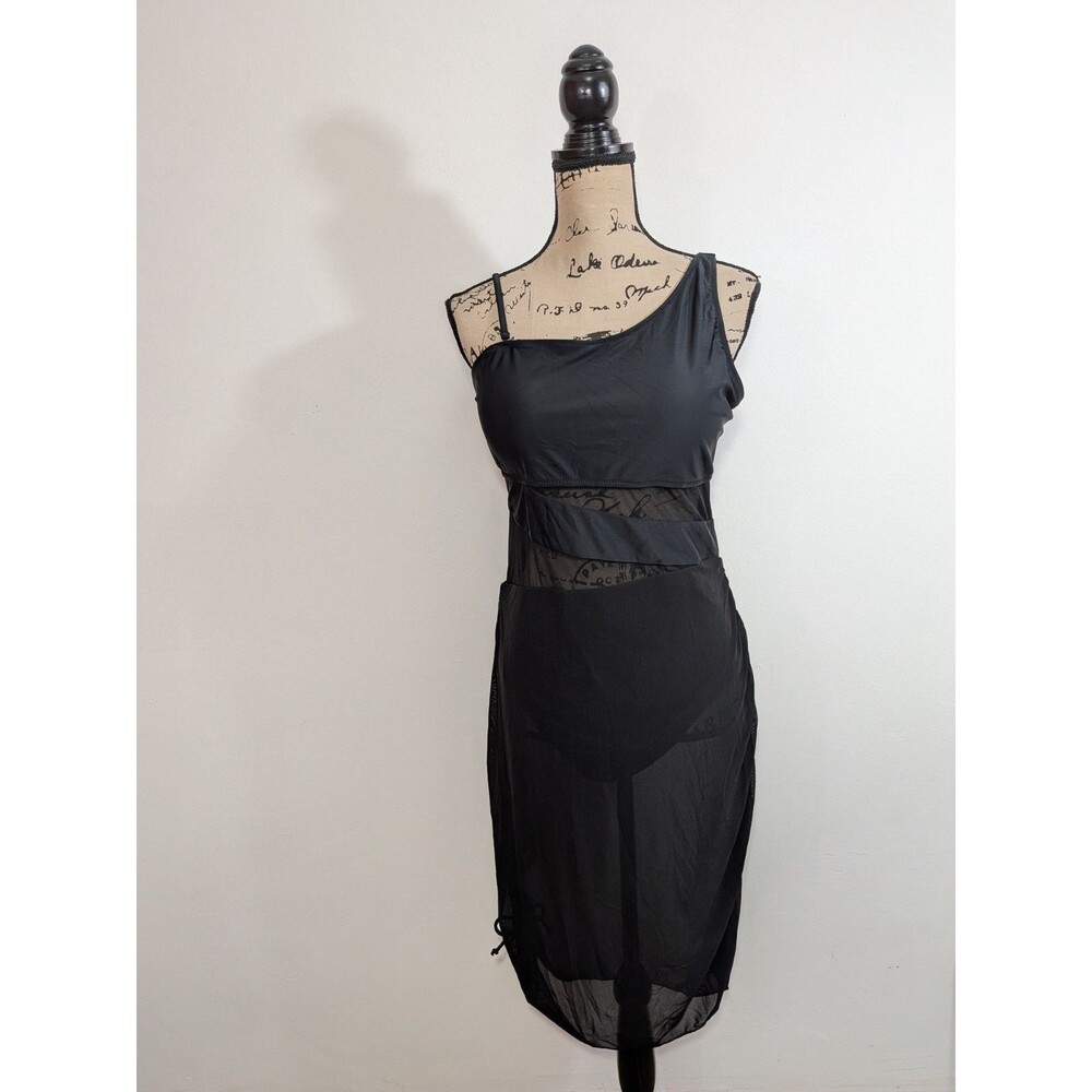 NWT Cicibird 1 pc Swimsuit Swim Dress Women XL Black Mesh Skirt Asymmetric